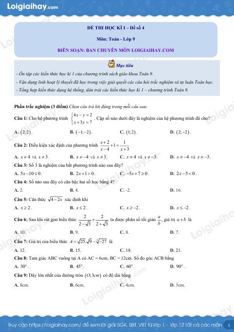 Đề thi học kì 1 Toán 9 - Đề số 4
